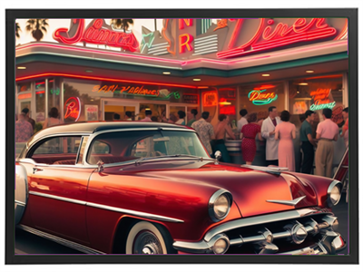 En rød vintage bil parkeret foran en retro diner med neonskilt og mennesker i kø.