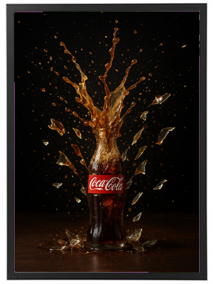 En Coca-Cola flaske sprøjter sodavand ud i en dramatisk bevægelse mod en sort baggrund.