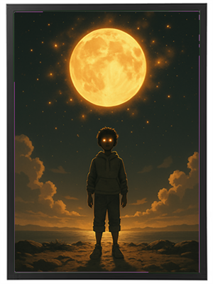 Et mystisk billede af en dreng, der står ved vandet under en stor, lysende måne, omgivet af stjerner.