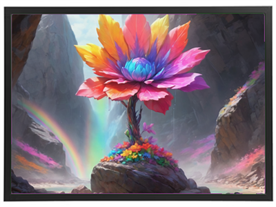 Et fantasifuldt landskab med en stor, farverig blomst på en klippe, omgivet af vandfald og regnbuer.