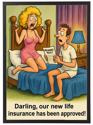 Et sjovt øjeblik mellem et par, der reagerer på godkendelsen af deres livsforsikring.