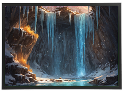 Et malerisk landskab med et vandfald, isklædte klipper og glitrende vand.
