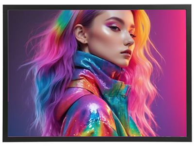 Et portræt af en ung kvinde med farverigt, bølget hår og en glitrende jakke, der står i et neoninspireret lys.