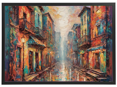 En livlig og farverig gade med maleriske bygninger og reflekterende vandpytter.