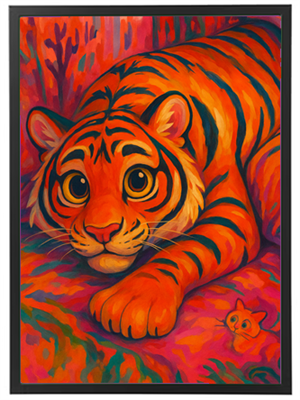 Et livligt og farverigt maleri af en tiger, der ligger i en skov med varme nuancer.