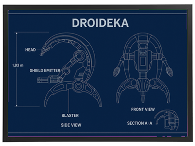 En teknisk illustration af en droideka, der viser forskellige synsvinkler og komponenter.