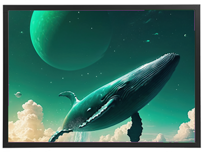 En stor hval svømmer gennem et farverigt, stjernespekket rum med planeter.
