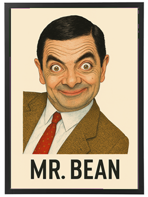 Et billede af den ikoniske komiske karakter Mr. Bean med et skævt smil.