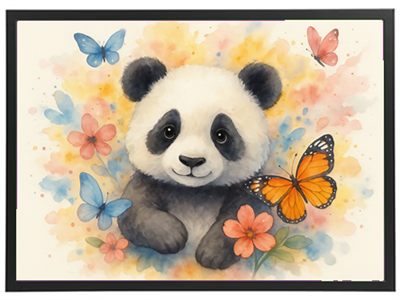 Et farverigt og nuttet billede af et pandaunge omgivet af sommerfugle og blomster.