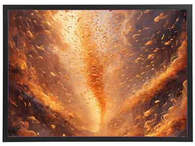 Et dramatisk billede af en tornado lavet af flammer og glødende partikler, der strækker sig opad.