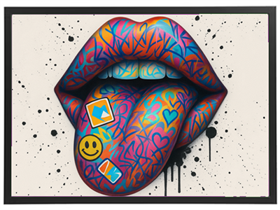 En livlig og farverig illustration af en mund med en dekorativ tunge, prydet med emojis.