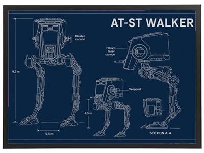 En teknisk tegning af AT-ST Walker fra Star Wars, med detaljerede målinger.