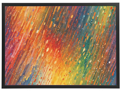 En livlig og farverig abstrakt komposition med stråler i nuancer af orange, grøn og blå.