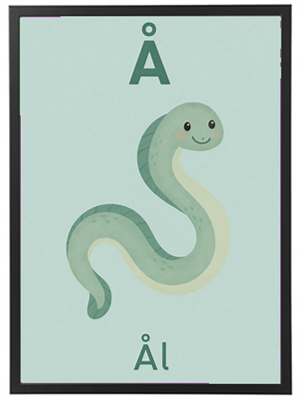 Billedet viser en tegning af en ål med et smilende ansigt, samt bogstavet Å.
