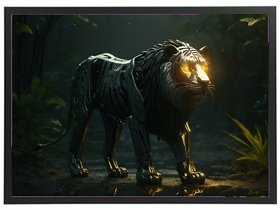 En futuristisk løve lavet af metal med lysende øjne, omgivet af en frodig skov.