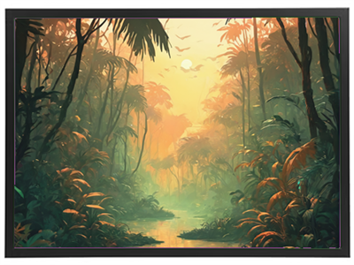 En farverig og mystisk skovscene med frodige planter og en stille vandvej under en gylden solopgang.