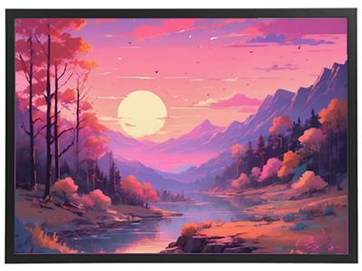 En farverig solnedgang over bjerge og en stille sø, omgivet af frodige træer.