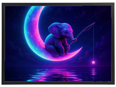 En farverig illustration af en elefant, der sidder på en måne og fisker efter en stjerne.
