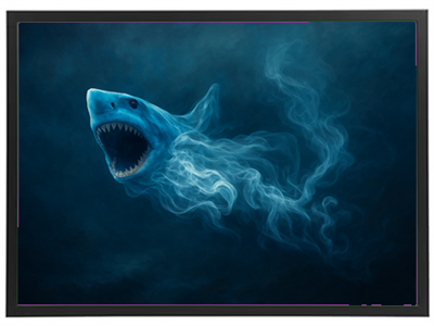 Et surrealistisk billede af en haj, der svømmer gennem en tåget, blålig baggrund.