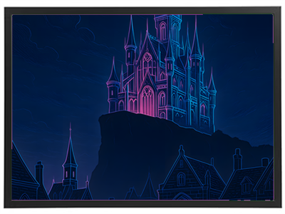 Et storslået slot oplyst af neonlys, beliggende på en klippe med mørke skyer i baggrunden.