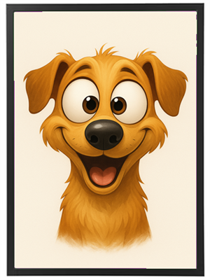 En tegneserieagtig hund med en stor smilende ansigtstræk og glade øjne.