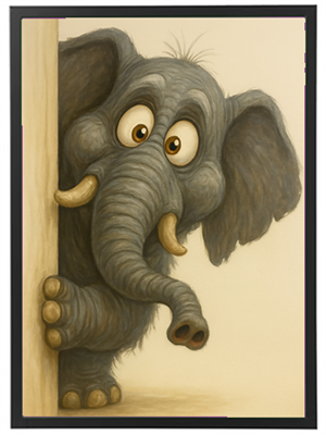 En sød, tegnet elefant kigger nysgerrigt frem fra bag en væg med store øjne og et legende udtryk.