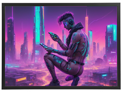 En cyberpunk-figur sidder i en futuristisk by med neonfarver, mens han interagerer med en enhed.