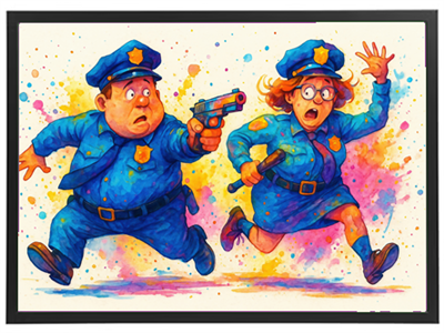 Et humoristisk billede af to betjente, der løber med et pistol og en klub, omgivet af sprøjt af farver.