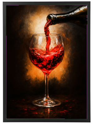 En flaske hælder rødvin i et stort vinglas, belyst af en varm baggrund.