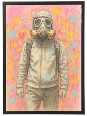 En person iført en gasmaske og rygsæk står foran en farverig baggrund med stjerner.