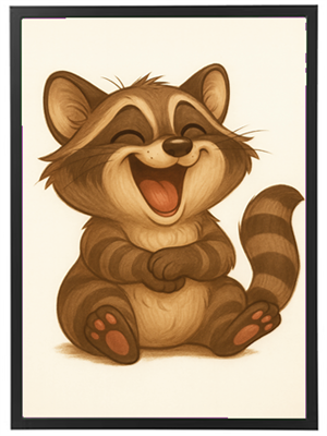 En sød og glad vaskebjørn sidder og griner, med en venlig og legesyg attitude.