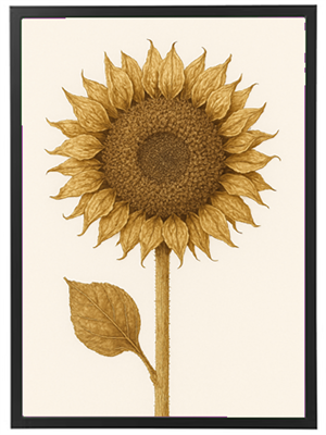 En stiliseret illustration af en solsikke med detaljeret blad og stængel.