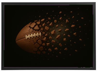 Et billede af en fodbold, der ser ud til at eksplodere i fragmenter mod en sort baggrund.