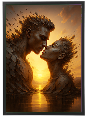 Et kunstnerisk billede af to skulpturelle figurer, der kysser ved solnedgang.