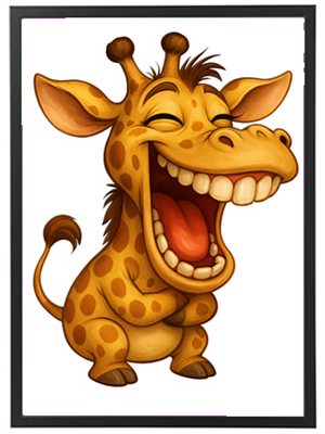 En farverig, tegnet giraf, der griner med et stort smil og glade øjne.