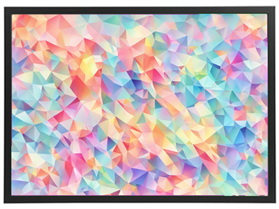 Et abstrakt billede med farverige, geometriske former i pastelfarver.