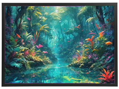 En farverig jungle med frodige planter og klart vand, der skaber en magisk atmosfære.