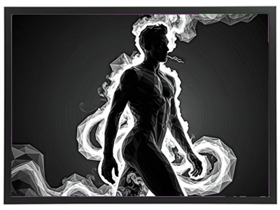 En stiliseret silhuet af en mand, omgivet af røg og geometriske former på en mørk baggrund.