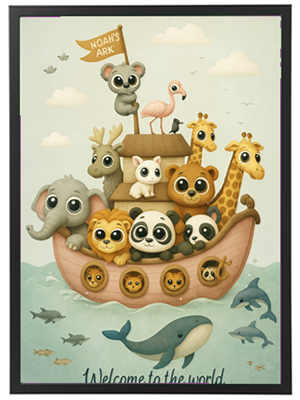 En farverig illustration af en båd fyldt med søde dyrefigurer, der sejler på havet.