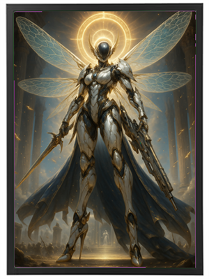 En majestætisk figur med metallisk rustning og vinger, iført højhælede støvler og bevæbnet.