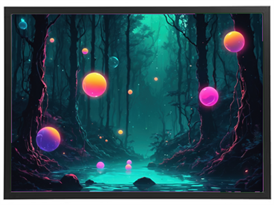 En surrealistisk skovscene med farverige, svævende kugler og en mystisk atmosfære.