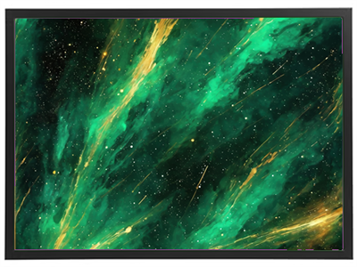 Et farverigt, abstrakt billede med grønne og gyldne stråler, der skaber en galaktisk stemning.