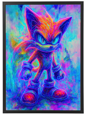 Et levende og farverigt billede af en karakter med lysende detaljer og en futuristisk stil.