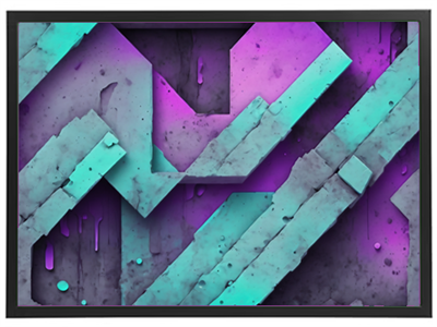 Et farverigt abstrakt kunstværk med geometriske former i lilla og turkis på en betonlignende baggrund.