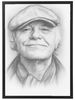 En blyantstegning af en mand med kasket, der smiler venligt.