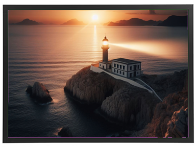 Et smukt fyrtårn står på en klippe ved havet, oplyst af solnedgangen.