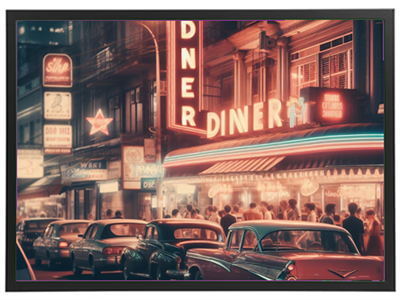 Billedet viser en livlig diner med vintage biler og neonskilt, der skaber en retro atmosfære.