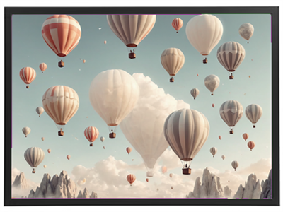 En gruppe af farverige luftballoner svæver majestætisk over en dramatisk bjerglandskab.