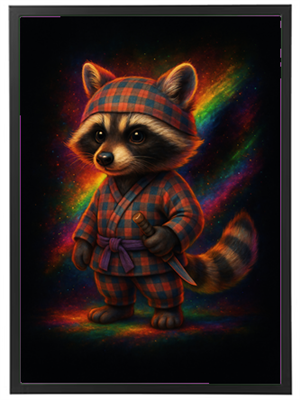 Et sødt og farverigt billede af en vaskebjørn iført en kimono, med en kniv og en stjernehimmel i baggrunden.