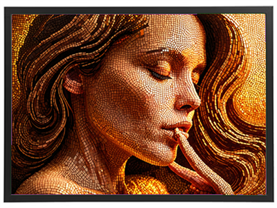 Et detaljeret mosaikbillede af en kvinde med lange bølger af hår, der udstråler varme farver.